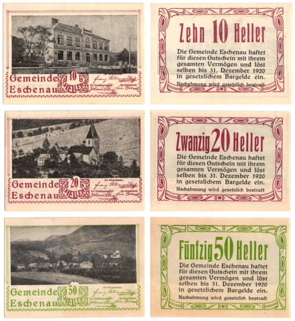 AUSTRIA Eschenau (Red/Green) 1920 local banknotes lot / Notgeld / 3 pcs. UNC