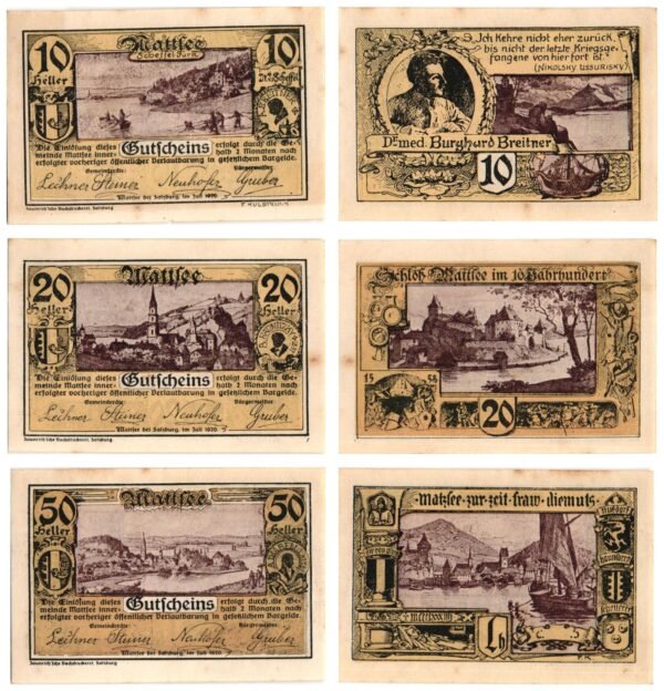 AUSTRIA Mattsee bei Salzburg 1920 local banknotes lot / Notgeld / 3 pcs. XF