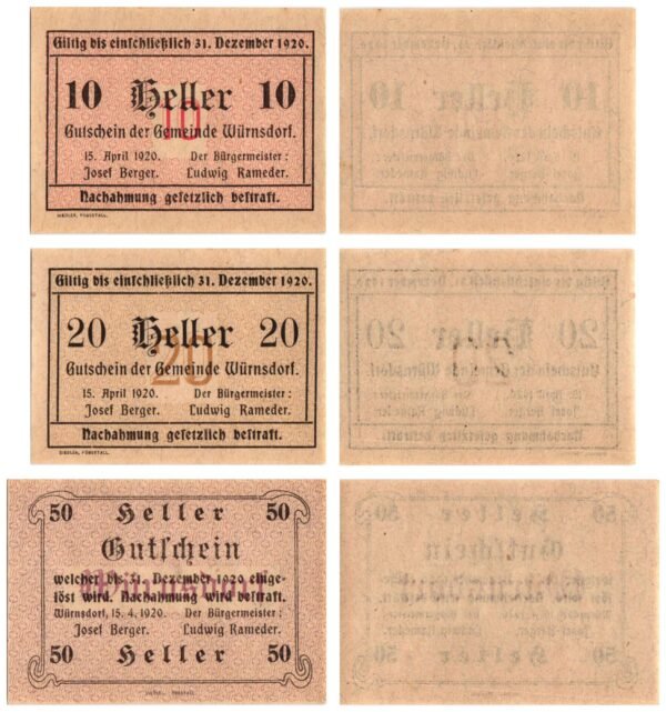 AUSTRIA Würnsdorf 1920 local banknotes lot / Notgeld / 3 pcs. UNC-