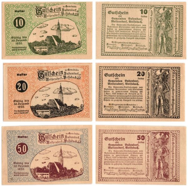 AUSTRIA Bubendorf, Meilersdorf, Wolfsbach 1920 local banknotes lot / Notgeld / 3 pcs. UNC-