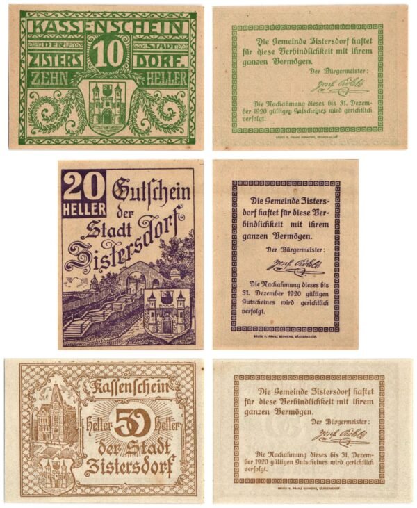 AUSTRIA Zistersdorf 1920 local banknotes lot / Notgeld / 3 pcs. XF