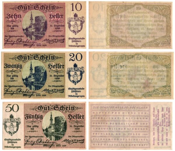 AUSTRIA Pöchlarn im Nibelungengau 1920 local banknotes lot / Notgeld / 3 pcs. VF+