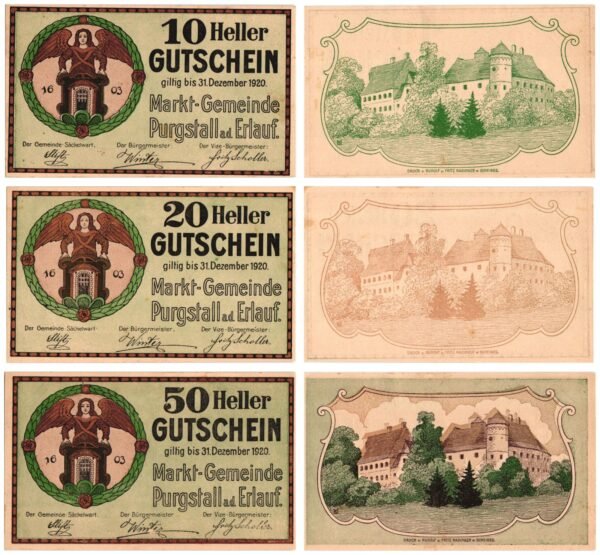 AUSTRIA Purgstall a. d. Erlauf 1920 local banknotes lot / Notgeld / 3 pcs. XF