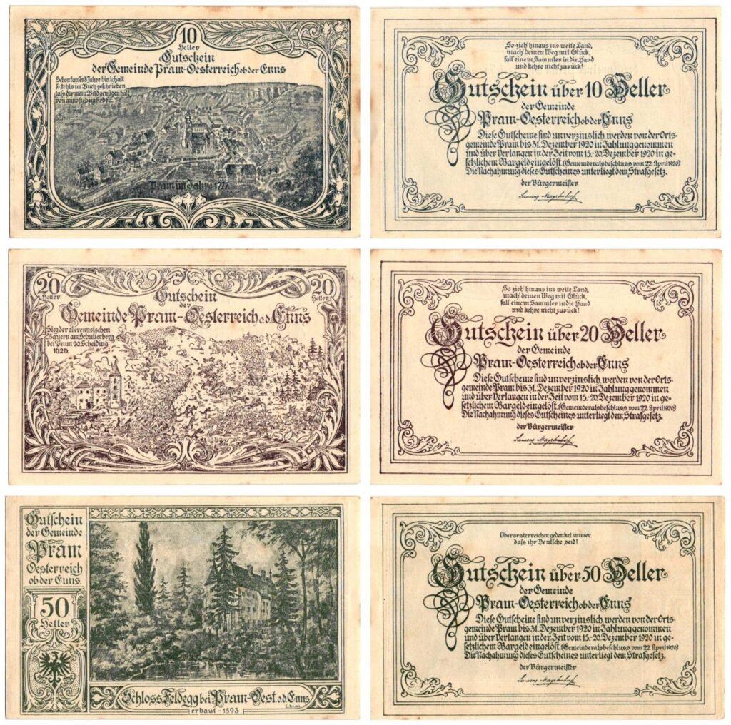 AUSTRIA Pram 1920 local banknotes lot / Notgeld / 3 pcs. VF