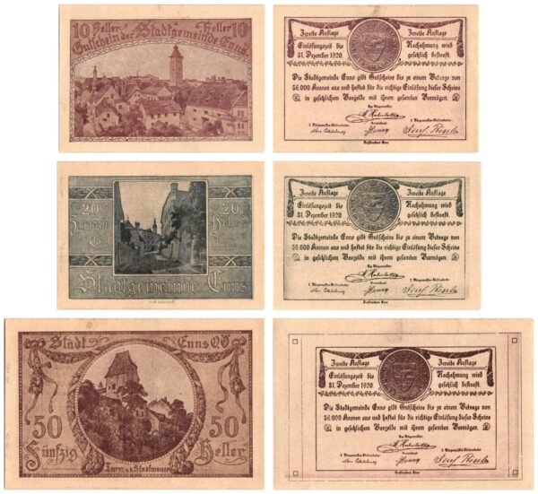 AUSTRIA Enns (II. Auflage) 1920 local banknotes lot / Notgeld / 3 pcs. UNC