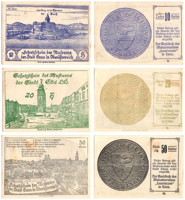 AUSTRIA Museums of Enns 1920 local banknotes lot / Notgeld / 3 pcs. VF+
