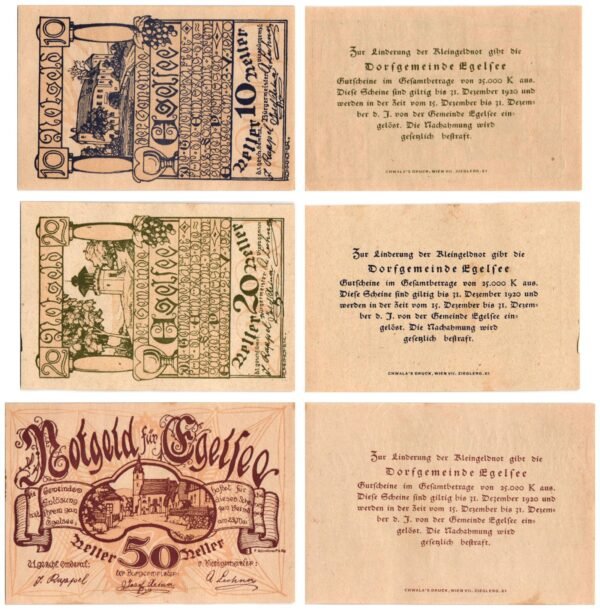 AUSTRIA Egelsee (Brown) 1920 local banknotes lot / Notgeld / 3 pcs. VF+