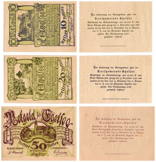 AUSTRIA Egelsee (Green) 1920 local banknotes lot / Notgeld / 3 pcs. XF