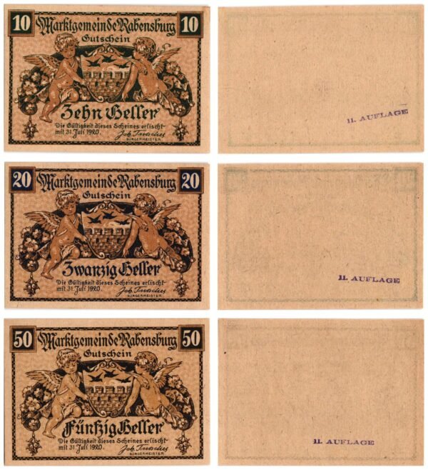 AUSTRIA Rabensburg (II. Auflage) 1920 local banknotes lot / Notgeld / 3 pcs. UNC
