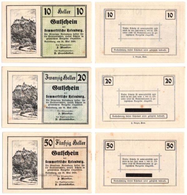 AUSTRIA Sommerfrische Rosenburg 1920 local banknotes lot / Notgeld / 3 pcs. XF