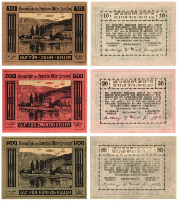 AUSTRIA Mitter-Arnsdorf a. d. Donau 1920 local banknotes lot / Notgeld / 3 pcs. UNC