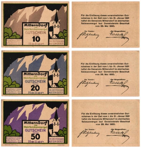 AUSTRIA Mitterndorf 1920 local banknotes lot / Notgeld / 3 pcs. UNC