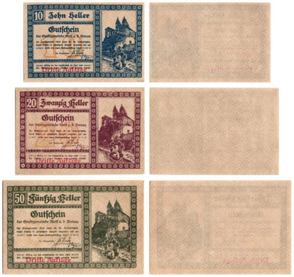 AUSTRIA Melk a. d. Donau (3. Auflage) 1920 local banknotes lot / Notgeld / 3 pcs. UNC