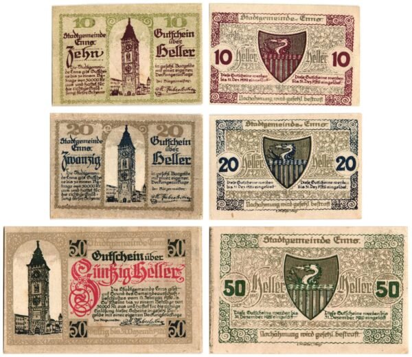 AUSTRIA Enns 1920 local banknotes lot / Notgeld / 3 pcs. UNC-