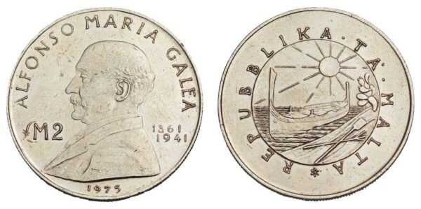 MALTA 2 lire 1975 / Alfonso Maria Galea / Silver / XF-