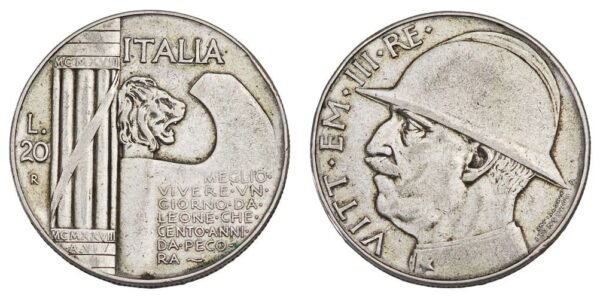 ITALY 20 lire 1928 / 10th Anniversary of the End of World War I / Silver / VF