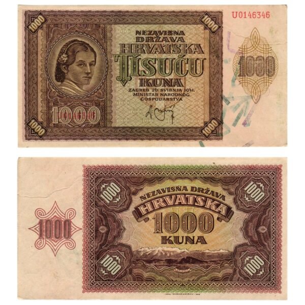 CROATIA 1000 kuna 1941 / WWII Ustasa Germany Italy ally / XF