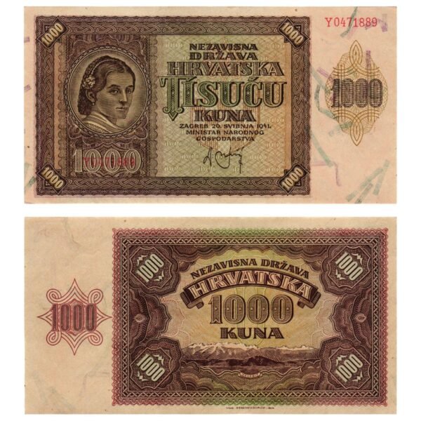 CROATIA 1000 kuna 1941 / WWII Ustasa Germany Italy ally / UNC-