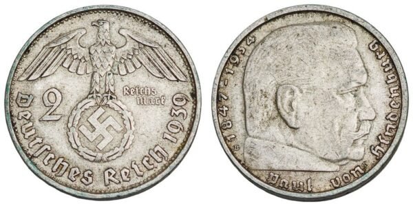 GERMANY 2 reichsmark 1939B / 3rd Reich / Paul von Hindenburg / Silver / VF