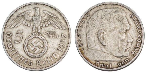 GERMANY 5 reichsmark 1937G / 3rd Reich / Paul von Hindenburg / Silver / VF