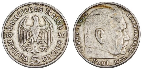 GERMANY 5 reichsmark 1936A / 3rd Reich / Paul von Hindenburg / Silver / VF