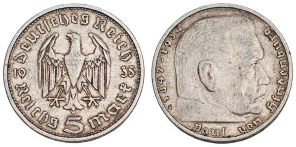 GERMANY 5 reichsmark 1935A / 3rd Reich / Paul von Hindenburg / Silver / VF