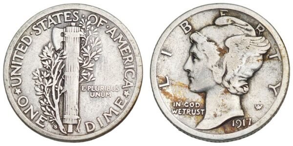 UNITED STATES OF AMERICA 10 cents 1917S / Silver Mercury Dime / VF