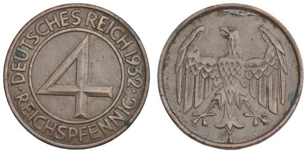 GERMANY 4 reichspfennig 1932A / Weimar Republic / VF