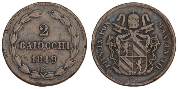 PAPAL STATES 2 baiocchi 1849B VF-