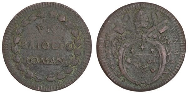 PAPAL STATES 1 baiocco ND(1782-1794) / Pope Pius VI / VF-