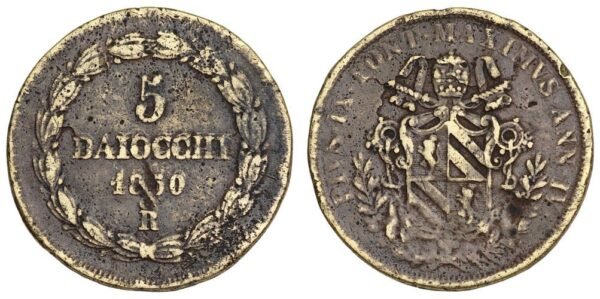 PAPAL STATES 5 baiocchi 1850R F+