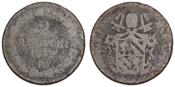 PAPAL STATES 2 baiocchi 1857(?)B VG