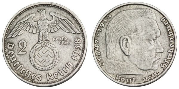 GERMANY 2 reichsmark 1938D / 3rd Reich / Paul von Hindenburg / Silver / VF