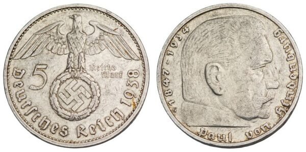 GERMANY 5 reichsmark 1938G / 3rd Reich / Paul von Hindenburg / Silver / VF