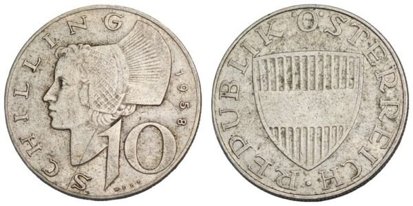 AUSTRIA 10 schilling 1958 / Silver / VF