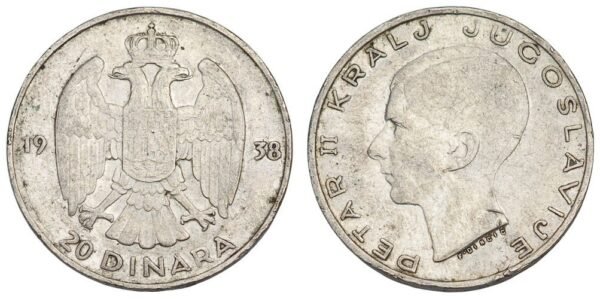 YUGOSLAVIA 20 dinara 1938 / Position B / Silver / VF