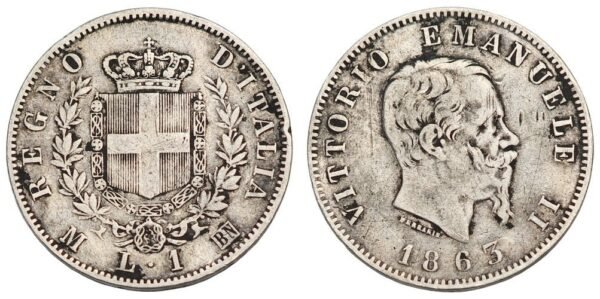 ITALY 1 lira 1863 / Silver / VF