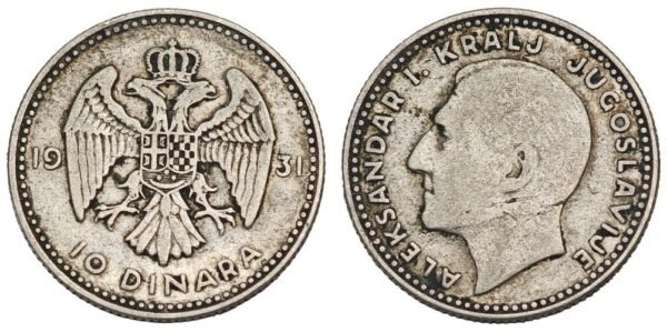 YUGOSLAVIA 10 dinara 1931 / London mint / Silver / VF