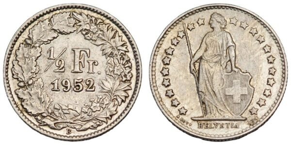 SWITZERLAND 0.5 franc 1952B / Silver / VF+