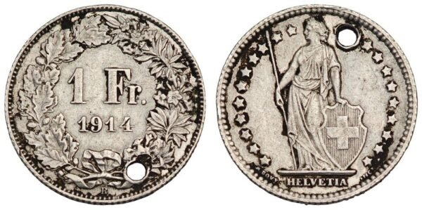 SWITZERLAND 1 franc 1914B / Silver / holed / VG
