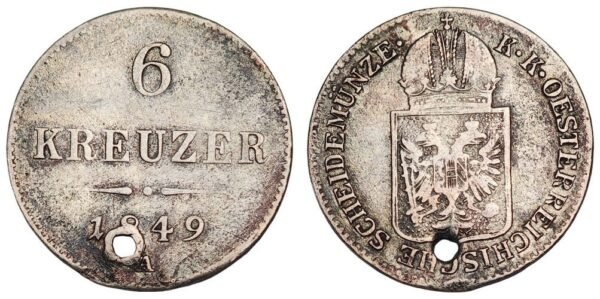 AUSTRIA 6 kreuzer 1849A / Silver / holed / VG