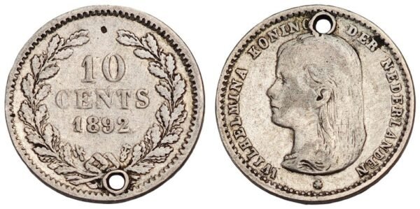 NETHERLANDS 10 cents 1892 / Silver / holed / VG