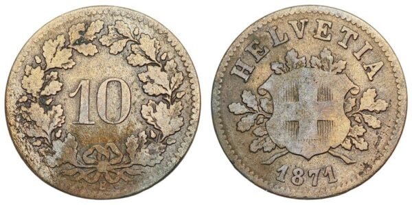 SWITZERLAND 10 rappen 1871 VF-