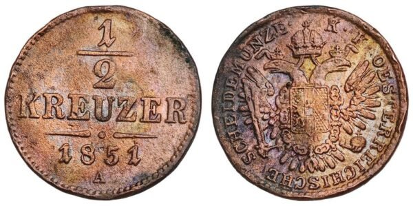AUSTRIA 1/2 kreuzer 1851A F