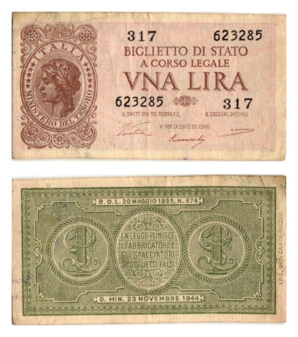ITALY 1 lira 1944 VF