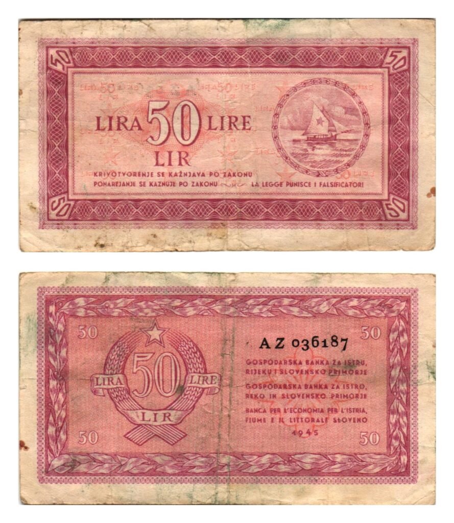 YUGOSLAVIA 50 lira 1945 / Economy Bank for Istra, Rijeka and Slovenian Littoral Region / black serial number / tear / VF-