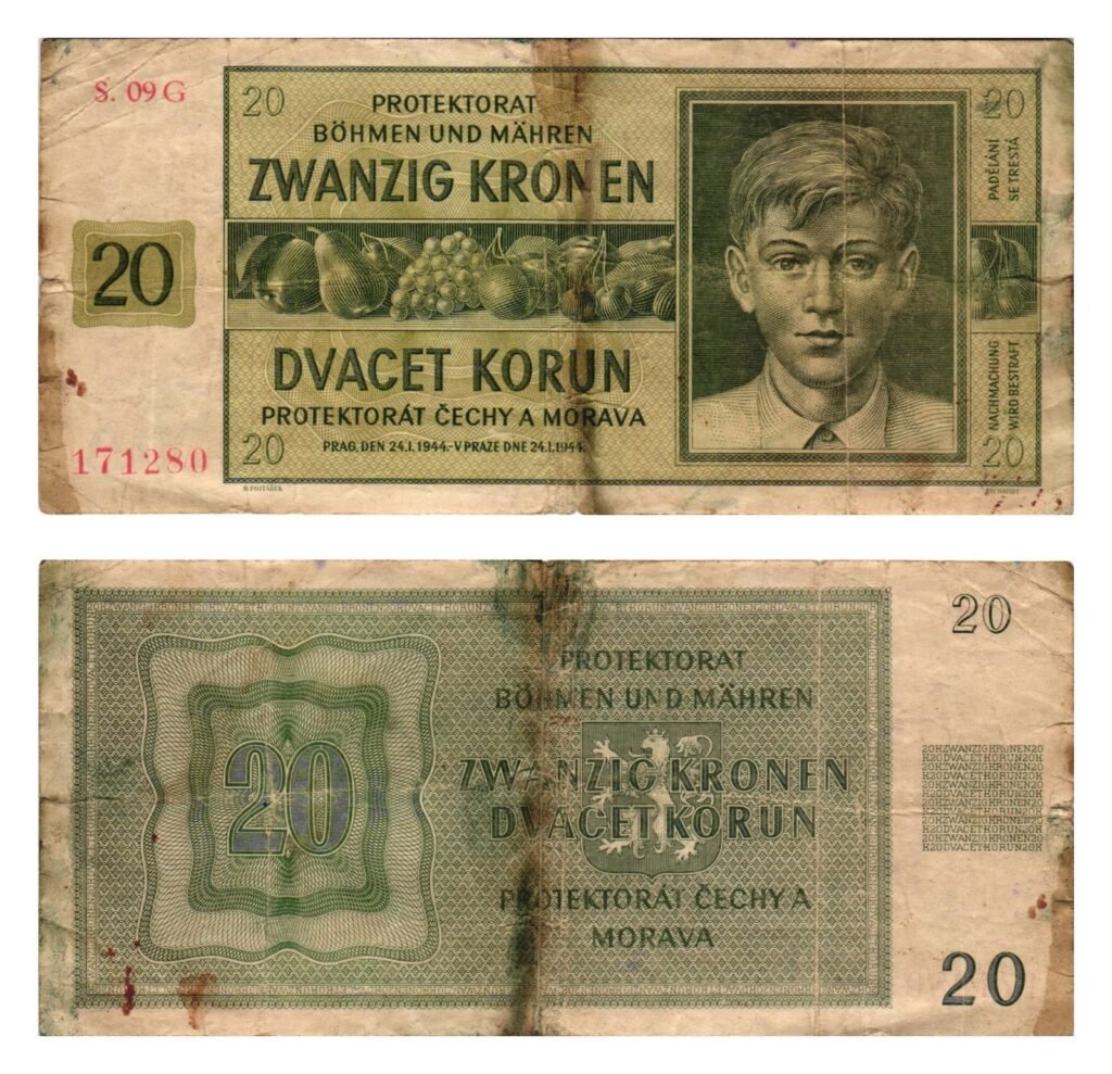 BOHEMIA AND MORAVIA 20 korun 1944 / WWII German protectorate / F