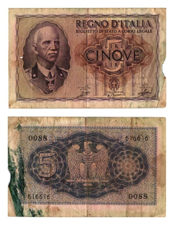 ITALY 5 lire 1940 / part missing / VG
