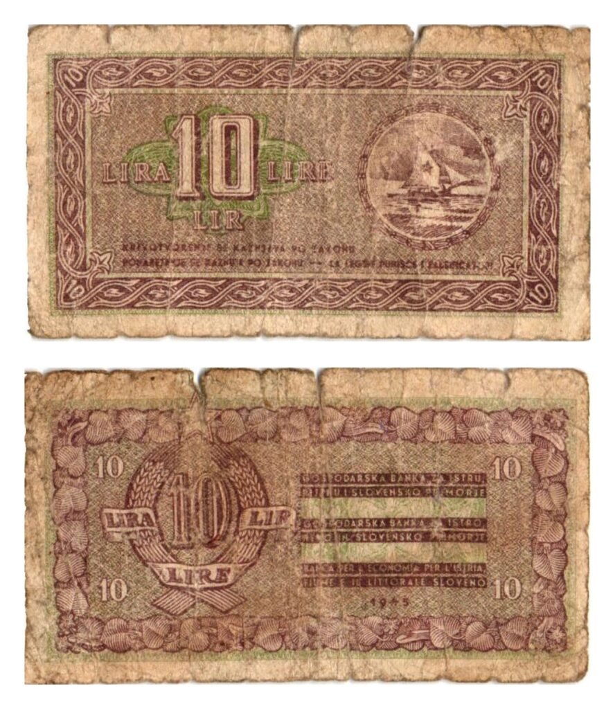 YUGOSLAVIA 10 lira 1945 / Economy Bank for Istra, Rijeka and Slovenian Littoral Region / tear / F