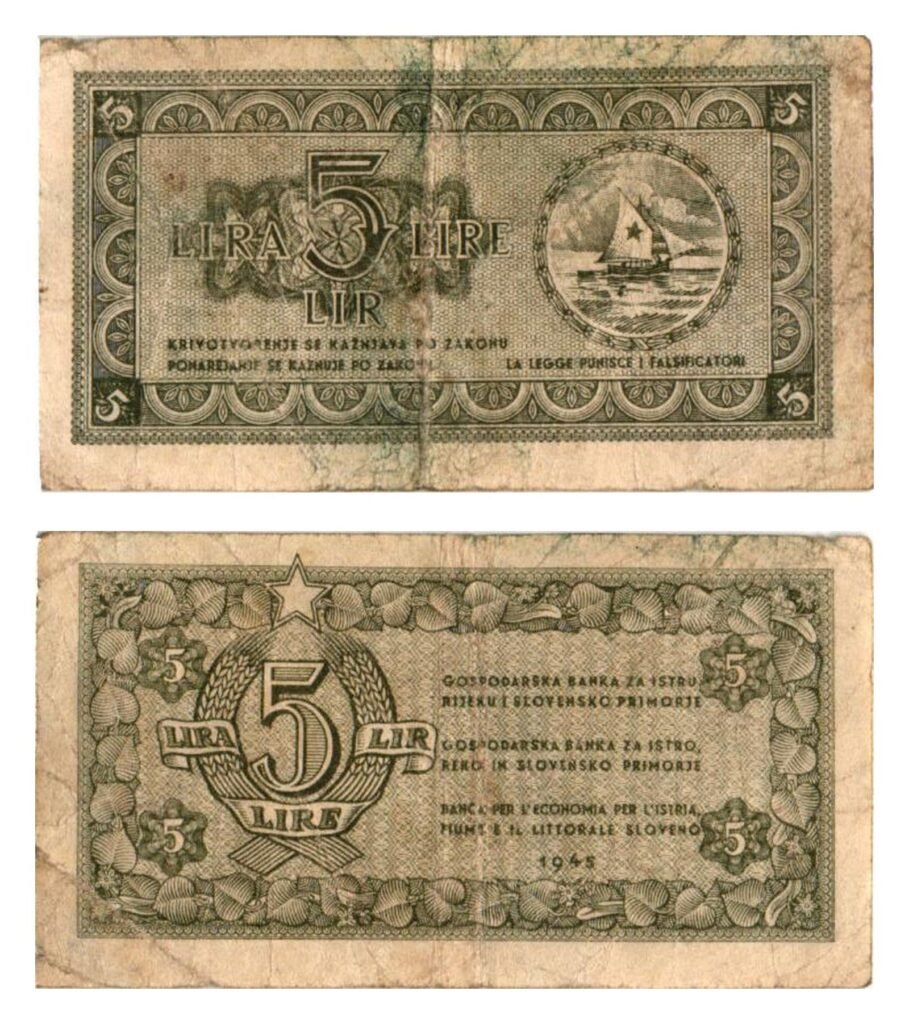 YUGOSLAVIA 5 lira 1945 / Economy Bank for Istra, Rijeka and Slovenian Littoral Region / F